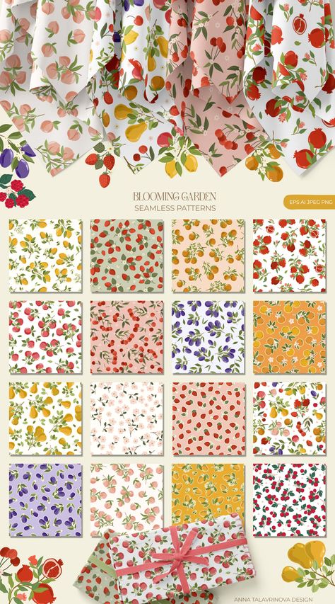 Sketches Watercolor, Fruits Clipart, Repeating Pattern Design, Print Scarf Design, Cozy Pattern, Blooming Garden, Pattern Design Inspiration, Textile Prints Design, Wall Art Posters