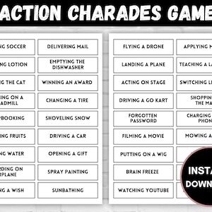 This Action Charades Game is perfect for Birthday Parties, Slumber Parties, Date Nights, Family Reunions, Family Game Nights, and Sleepovers. This game can be played as Pictionary too! Reverse Charades Word List, Charades Ideas Funny, Charade Ideas Funny, Funny Charades Ideas, Charades For Adults, Charades Word List, Reverse Charades, Charades Ideas, Charades Words