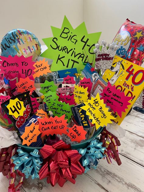 I made this big 40 survival kit! 40 Year Old Survival Kit 40th Birthday, 40th Survival Kit Men, 40 Survival Kit Birthday Woman, 40th Birthday Survival Kit For Women, Old Man Survival Kit Funny, Over The Hill Survival Kit, 40th Birthday Funny Gifts, Funny 40th Birthday Gifts, 40th Party Ideas