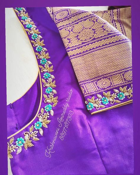 Instagram photo by krishnaveni Amireddy Studio • 28 June 2022 at 10:26 Simple Neck Maggam Designs, Blose Desines New Maggam Work, Blouses Embroidery Designs, Simple Maggam Work Neck Designs, Magam Simple Designs, New Model Maggam Work Designs, Unique Embroidery Designs For Blouse, Maggam Designs Simple, Maggam Blouses Simple