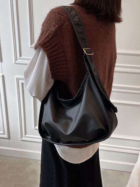 Black Fashionable   PU Leather Plain     Women Bags Black Purse Outfit Aesthetic, Black Leather Purse Outfit, Big Shoulder Bags Aesthetic, Black Bags Women, Big Purse Outfit, Black Leather Bag Outfit, Leather Purse Outfit, Big Bag Aesthetic, Outfits With Bags