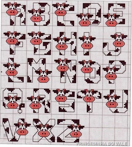 Alphabet Cross Stitch Cow, Cross Stitch Alphabet Patterns, Pola Bordir, Cross Stitch Fonts, Embroidery Alphabet, Cross Stitch Letters, Pola Kristik, Cross Stitch Alphabet, Cross Stitch Baby