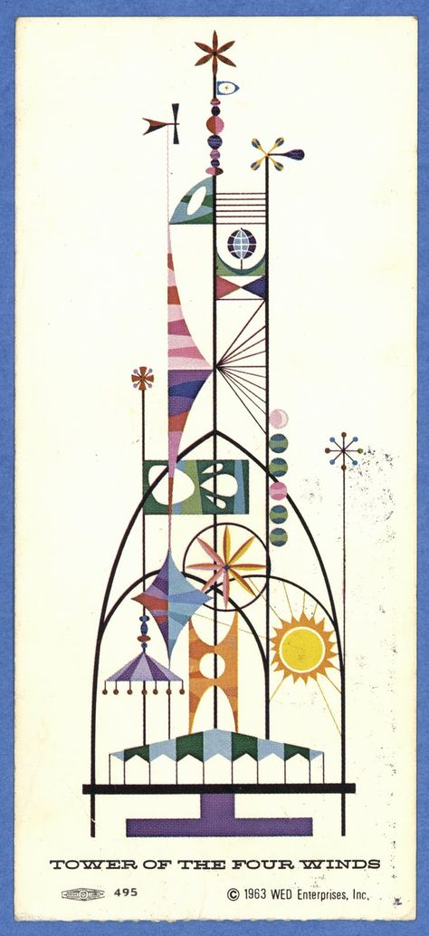 Vintage Disneyland Tower of the Four Winds Mary Blair, Rolly Crump, Mary Blair Art, The Four Winds, It’s A Small World, Disneyland Tickets, Four Winds, It's A Small World, Retro Disney