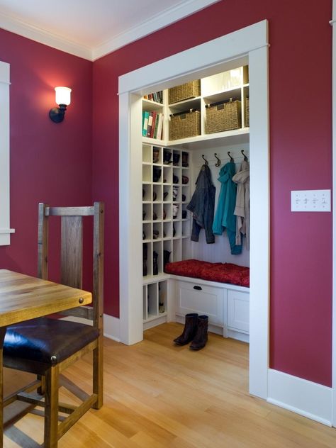 Closet Turned Mudroom, Entry Closet Makeover, Hall Closet Makeover, Coat Closet Makeover, Hall Closet Organization, Coat Closet Ideas, Front Hall Closet, Closet Redo, Mudroom Closet