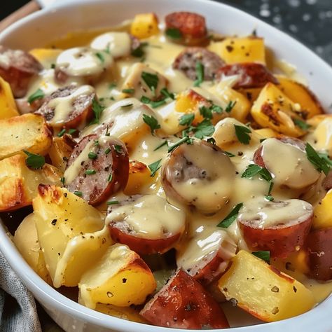 Cheesy Ranch Potatoes and Sausage - Recipes, Tasks & Tools Baked Potatoes With Sausage, Essen, Meat And Potatoes Casserole Recipes, Dinner Ideas Smoked Sausage, Kielbasa Peppers And Potatoes, Cheesy Smoked Sausage And Potatoes, Main Dish With Potatoes, Potato Sausage Bake, Sausages And Potatoes