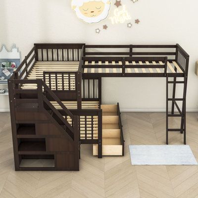 This L-shaped bunk bed has two twin-sized beds and a full-size bed, which can accommodate your family or overnight guests. The bed frame is made of high-quality pine, MDF, and plywood, which is firm and durable, supported by wooden slats, and does not need a box spring. Drawers and shelves provide ample storage space for your books, toys, clothing, and more. Due to different photographic light sources or your monitor, the actual color may be slightly different. Bed Frame Color: Espresso | Harrie Beds With Shelves, L Shaped Bunk Beds, Bed With Shelves, Desk Wardrobe, Bunk Beds Boys, Triple Bunk Bed, Bunk Beds With Drawers, Triple Bunk, Twin Over Full Bunk Bed