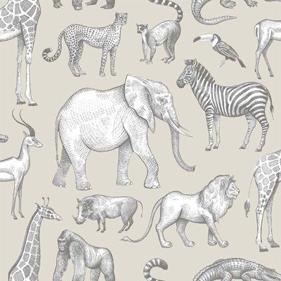 Embark on a wild safari with this lively, illustrative design. Lemurs, zebras, big cats, and other savannah animals mingle together along a taupe backdrop. Kenji is an unpasted, non woven wallpaper. Enjoy a trip to the savanna with this adventurous illustrative design. Gorillas, lions, elephants and other wild safari residents strut across a deep navy background. Kenji is an unpasted, non woven wallpaper. Take a trip on the wild side with this safari wallpaper. Big cats, zebras, giraffes, elepha Zoo Wallpaper, Savannah Animals, Illustrative Design, Home Forest, Safari Wallpaper, Nautical Wallpaper, Wild Safari, Rug Buying Guide, Ticking Fabric