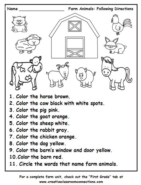 Farm Animals Following Directions worksheet provides practice with color words… Follow Directions Worksheet, Following Directions Worksheet, Directions Worksheet, Ingles Kids, Farm Unit, Farm Preschool, Animal Worksheets, Farm Activities, Animals Farm