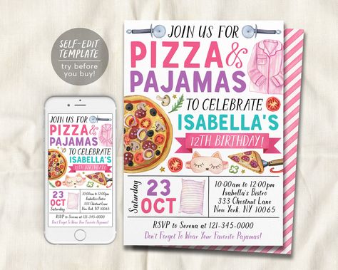 Pizza and Pajamas Birthday Invitation Editable Template, Girl Pizza And PJs Party Invite, Kids Pizzeria Slumber Party Evite, Slice Of Fun Pizza And Pajamas, Dress For A Mess, Pjs Party, Pizza Party Birthday, Pajamas Party, Kids Birthday Party Invitations, Sleepover Party, Slumber Party, Pajama Party