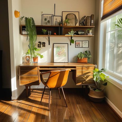 How a simple midcentury desk and shelf come together to make the perfect home office nook, inspiring creative thoughts and deep focus. #homedesign #homeoffice #homeofficeideas #desk #workathome #midcentury #scandinavian #HomeDecor #InteriorDesign #HomeIdeas #HomeStyle #InteriorInspo #HouseGoals #DecorInspiration #DecorTips #HomeInspiration #HomeDecorating Mid Century Desk Decor, Small Open Concept Apartment Layout, Cozy Office Reading Room, Open Office Layout Home, Eclectic Organization, Home Office Wall Storage, Interior Design Earthy, Office Inspo Decor, Simple Office Design