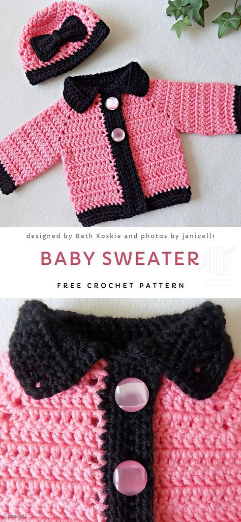 Pink with black is a lovely, beautiful combination of colors, that will look great on pictures and in real life. But if you want, you can easily change black for any other color, it will look just as stunning.  #freecrochetpattern #baby #sweater Crochet Baby Cardigan Free Pattern, Diy Crochet Sweater, Crochet Baby Sweater Pattern, Crochet Baby Jacket, Crochet Baby Sweaters, Crochet Baby Gifts, Crochet Baby Sweater, Baby Sweater Patterns, Baby Frock Pattern