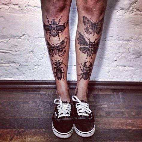 Beetle Tattoo, Shin Tattoo, Bug Tattoo, Insect Tattoo, Moth Tattoo, Leg Tattoo Men, Knee Tattoo, Tattoo Designs For Girls