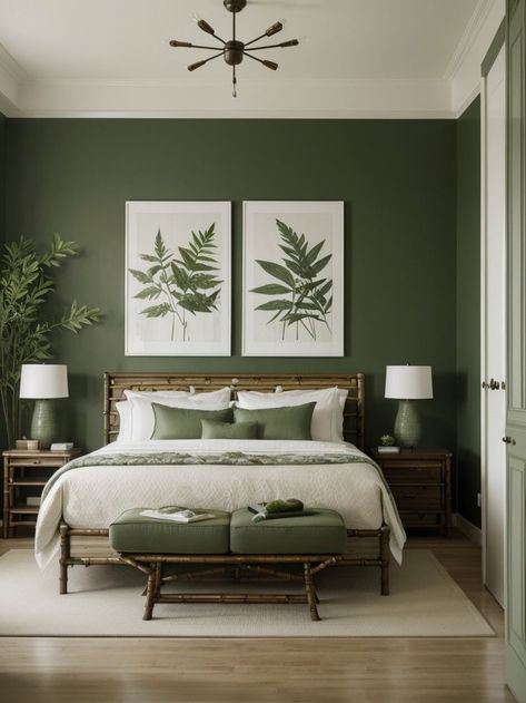 Create a tranquil green oasis by adorning the walls with nature-inspired artwork, such as leaf prints or botanical paintings. Pair it with bamboo furniture and incorporate plants for a fresh and calming atmosphere. Green Room Ideas Bedroom, Green Bedroom Walls, Green Bedroom Decor, Natural Bedroom Decor, Tranquil Bedroom, Sage Green Bedroom, Natural Bedroom, Green Oasis, Bamboo Furniture