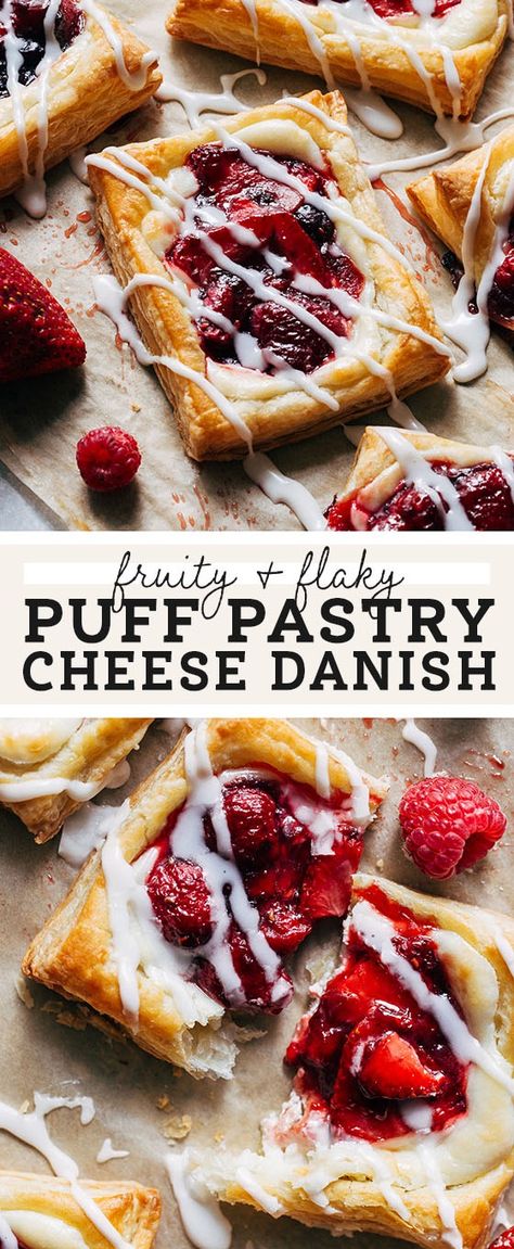 This cream cheese Danish recipe is super simple made with frozen puff pastry and Bonne Maman INTENSE Red Fruits Fruit Spread. It creates a really flavorful red fruit filling atop a layer of sweet cream cheese. They're like the grown up version of toaster strudels and are perfect to make for brunch! #ad #danishes #cheesedanish #brunch #puffpastry #butternutbakery #bonnemaman #HappyMothersDay | butternutbakeryblog.com Rasberry Cheese Puff Pastry, Fruit And Cream Cheese Breakfast Pastry, Raspberry Cheese Danish With Puff Pastry, Danish Using Puff Pastry, Homemade Pastry Puff, Puff Pastry Fruit Danish, Puff Pastry From Scratch Recipes, Cream Cheese And Puff Pastry Recipes, Fruit And Puff Pastry