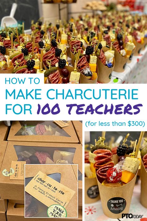 How your PTO can make charcuterie for 100 teachers (for less than $300) Food Ideas For Staff Meetings, Teacher Appreciation Gifts Non Food, Teacher Appreciation Sandwich Lunch, Pto Teacher Snacks, Teacher Lunch Themes, Fall Teacher Treat Ideas, Staff Appreciation Meal Ideas, Pto Snack Ideas, Pto Teacher Meals