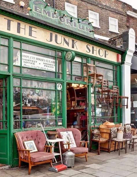 The Junk Shop, Greenwich, London Thrift Shop Exterior, Corner Shop Design Store Fronts, Sims 4 Flea Market, Antique Store Exterior, Victorian Shop Fronts, Thrift Store Exterior, Vintage Shop Fronts, British Shop, Craft Market Display