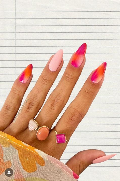 Ombre pink and orange summer almond shape gel nails