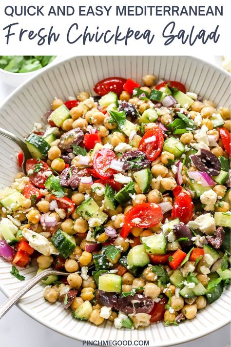 This cool and crunchy fresh chickpea salad has all of the wonderful flavors of the Mediterranean all in one bowl. It is loaded with fiber and plant based protein and makes a great side for BBQ's or summer parties. Chickpea Spring Mix Salad, Chickpea Recipes Salad, Summer Chopped Salad, Feta Cheese Recipes Salad, Mediterranean Dressing, Flavored Chickpeas, Mediterranean Chickpea, Clean Eating Vegetarian Recipes, Mediterranean Chickpea Salad