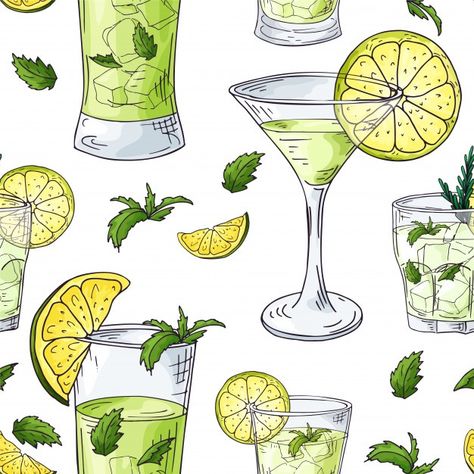Seamless pattern with cocktails | Premium Vector #Freepik #vector #bar #glass #alcohol #jar Cocktails Wallpaper, Kitchen Cartoon, Cocktail Pattern, Vegetable Smoothies, Southern Proper, Watercolor Pineapple, Semester 2, Vacation Accessories, Bubble Milk Tea