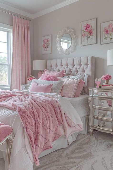 15 Pink and Grey Bedroom Decor Tips | Green Snooze Pink Grey White Black Bedroom, Pretty Pink Bedroom Ideas, White Room Gold Accents Bedroom, Shabby Chic Bedrooms Pink, Bedroom Pink And White Aesthetic, Bedroom Ideas Aesthetic Pink And Grey, Grey Bed Pink Bedding, Pink And White Modern Bedroom, Pink Color Room Bedrooms