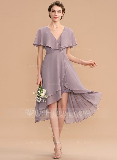 [£ 78.00] A-Line V-neck Asymmetrical Chiffon Bridesmaid Dress With Cascading Ruffles (007176753) Moda Praia Plus Size, Ellegant Dresses, Tea Length Bridesmaid Dresses, Bridesmaid Robes Floral, Cascading Ruffles, Lace Bridesmaids, Floral Robes, Lace Bridesmaid Dresses, Short Bridesmaid Dresses