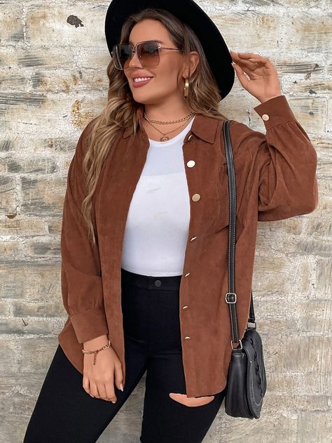 Rust Brown Casual Collar Long Sleeve Fabric Plain Shirt Embellished Non-Stretch Spring/Summer Plus Size Tops Outfits Con Camisa, Breast Shirt, Drop Shoulder Shirt, Smart Casual Wear, Business Formal Dress, Elegante Casual, Formal Dresses Gowns, Outfits Mujer, Button Up Long Sleeve