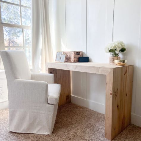 DIY Waterfall Writing Desk - Shanty 2 Chic Walmart Furniture Hack, 2x8 Wood Projects Diy, Wood Waterfall Desk, Fluted Side Table Diy, Waterfall Desk Diy, Diy Waterfall Bench, Diy Waterfall Desk, Desk In Foyer, Diy Laptop Table