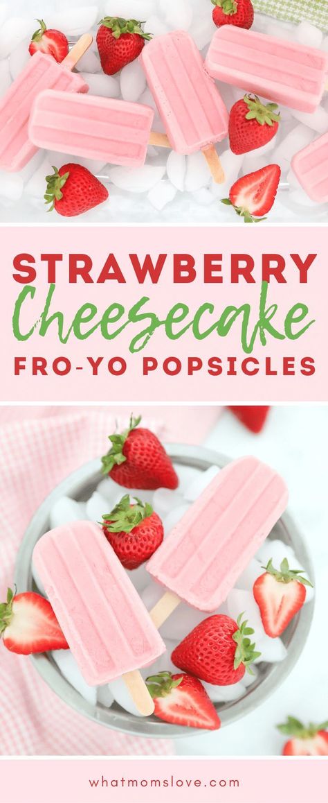 Healthy Strawberry Cheesecake, Home Made Popsicles Healthy, تشيز كيك بالفراولة, Summer Popsicle Recipes, Popsicle Recipe For Kids, Cheesecake Healthy, Creamy Popsicles, Dessert For Kids, Frozen Yogurt Pops