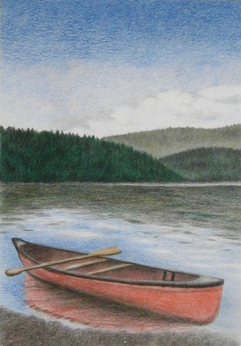 An abandoned canoe in a serene forest lake. Stonehenge Drawing, Colour Pencil Art Landscapes, Color Pencil Drawing Ideas, Pencil Sketches Landscape, Serene Forest, Landscape Pencil Drawings, Drawing Scenery, Forest Drawing, Color Pencil Sketch