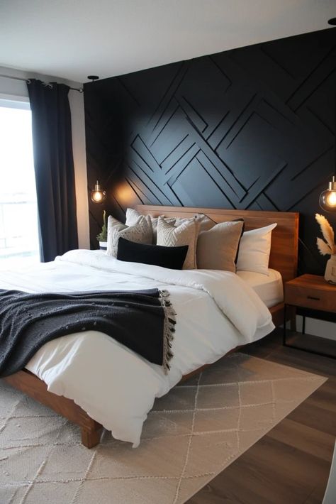 25 Bold Black Accent Wall Bedroom Ideas to Upgrade Your Space - Roomy Retreat Modern Accent Wall Behind Bed, Black Room Accent Wall, Back Accent Wall Bedroom, Black Main Bedroom Ideas, Wallpaper For Modern Bedroom, Black Panelling Behind Bed, Black Painted Bedroom Walls, Rustic Bedroom Accent Wall Ideas, Bedroom Cladding Wall Ideas