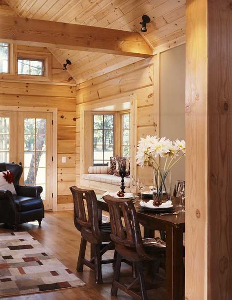 Modern Pine Cabin, Light And Airy Cabin, Pine House Interiors, Cabin With Pine Walls, Cottage Wood Walls, Light Pine Walls, All Wood Interior Cabin, Pine Cottage Interior, Pine Walls And Ceiling