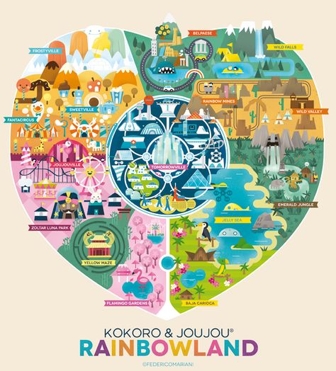 this is the first map of Rainbowland. It is a kind of world, or theme park of my dreams, where all the characters that I have created live. Map Art Illustration, Maps Illustration Design, Disney Map, Theme Park Map, Zoo Map, V Logo Design, Map Creator, Pencil Creative, Building Map