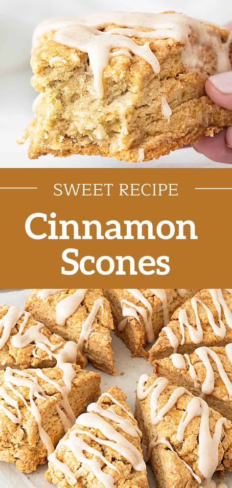 A fabulous sweet cinnamon scone recipe that bakes to a golden brown, has a soft interior and a delectable sugar glaze drizzle. You can plan them ahead and keep them frozen until they're ready to be baked. All my tips and tricks for making the best homemade scones are in the post. Pie, Coffee Creamer Scones, Cinnamon Scone Recipe, Bakery Scones Recipe, Make Ahead Scones Recipe, The Best Scone Recipe, Oil Scones Recipe, Cafe Baking Recipes, Sourdough Discard Scones Cinnamon