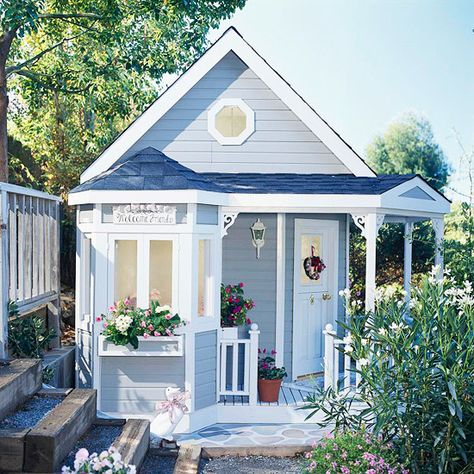 . Shed Playhouse, Garden Playhouse, Wohne Im Tiny House, Backyard Playhouse, Build A Playhouse, Little Cottages, Cubby Houses, Small Cottages, Blue Cottage