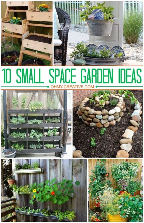10 Small Space Garden Ideas  |  OhMy-Creative.com #Gardening Small Space Garden Ideas, Garden Ideas For Small Spaces, Small Space Garden, Kebun Herbal, Diy Garden Ideas, Space Garden, Jardim Diy, Garden Ideas Cheap, Deco Nature