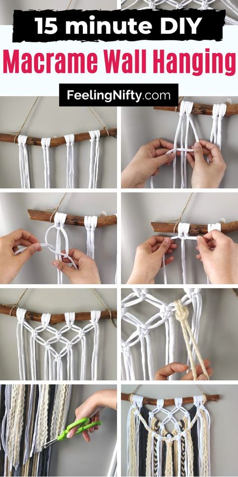 Learn how to make a DIY macrame wall hanging for beginners. Learn the square and larks head knots in this easy step by step tutorial. Add this to your macrame projects list. This simple, large boho pattern can be used in home decor in the bedroom to the living room. Use different color yarn and driftwood to make this free layered modern macrame pattern. Easy Diy Macrame, Pompon Diy, Diy Macrame Wall Hanging, Koti Diy, Simpul Makrame, Kraf Kertas, Macrame Wall Hanging Tutorial, Macrame Feathers, Macrame Wall Hangings