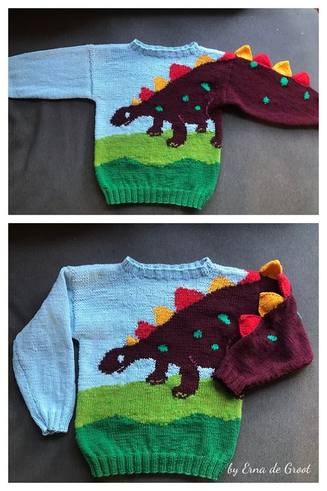 Dinosaur Sweater Free Knitting Patterns Dinosaur Knitted Sweater, Dino Sweater Crochet, Crochet Dinosaur Sweater Free Pattern, Childrens Knitted Sweaters Free Pattern, Knit Sweater For Kids, Knit Dinosaur Sweater, Sew Dinosaur Pattern, Dinosaur Jumper Knitting Pattern Free, Dinosaur Crochet Sweater