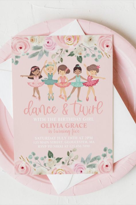 Dance and Twirl Floral Ballet Birthday Invitation Dance and Twirl with the birthday girl Floral ballet birthday party invite #birthday #happybirthday #birthdaycards #dance Dance And Twirl Birthday Party, Ballerina 3rd Birthday Party, Ballerina Theme, Ballet Birthday Party, Dance Party Birthday, Toddler Dance, Ballet Birthday, Ballet Party, Ballerina Birthday Parties