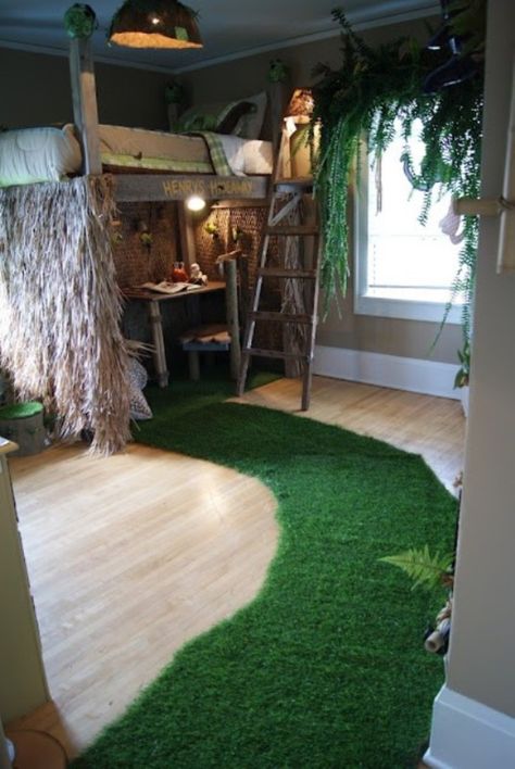Kids Bedroom, Dark Green Grass Inspired Carpet For Jungle Themed Children's Room With Unique Bed Frame And Wooden Interior: Jungle Themed Children's Room for Fun Decoration https://noahxnw.tumblr.com/post/160948440536/awesome-casual-office Turf Rug, Unique Bed Frames, Jungle Themed Room, Casa Disney, Forest Bedroom, Jungle Bedroom, Forest Room, Jungle Decorations, Grass Rug