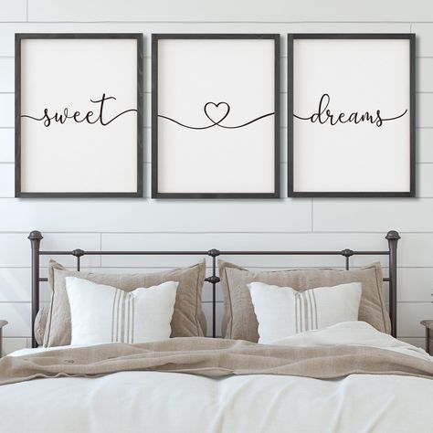 PRICES MAY VARY. EASY TO INSTALL: The Sweet Dreams sign over bed wall decor for bedroom over bed wall decor is a lightweight piece making it easy as pie to hang! You will love the simplicity of how easy it was to go from taking out the box and hanging it on the wall. Screws are included in the package too. Or just simply sit it on your nightstand. GREAT NEUTRAL ADDITION TO BEDROOM DECOR: “Sweet Dreams” each part of the phrase is separated, as it gives a unique look. Modern farmhouse style combin What To Put On Wall Above Bed, Above Bed Ideas Wall Decor, How To Fill An Empty Wall, Empty Wall Ideas Bedroom, Above Bed Wall Decor, Above Bed Wall, Bedroom Wall Decor Above Bed, Wall Decor Above Bed, Bedroom Decor Wall Art