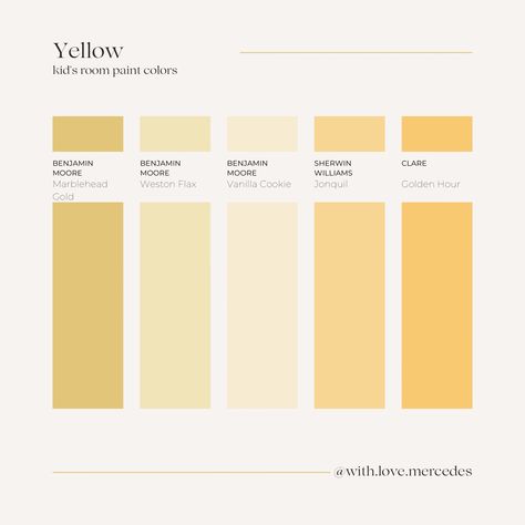 Yellow Paint Color Palette Yellow Toned White Paint, Pale Yellow Ceiling, Yellow Nursery Accent Wall, Girly Nursery Ideas Yellow, Faint Yellow Paint Colors, Yellow Bedroom Paint Ideas, Light Yellow Playroom, Soft Yellow Bedroom Walls, Yellow Benjamin Moore Paint Colors