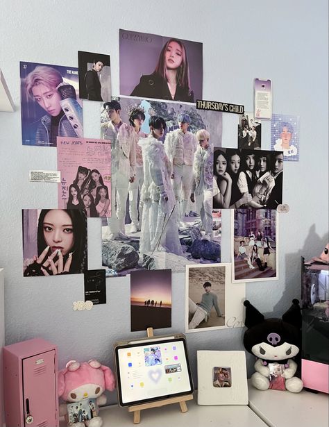 Wall Shelf Decoration Ideas, Poster Layout Design On Wall, Kpop Wall Room Ideas, K Pop Rooms Ideas, Kpop Posters Room Decor, Kpop Photo Collage Wall, K Pop Wall Collage, Room With Kpop Posters, Kpop Wall Inspo Aesthetic