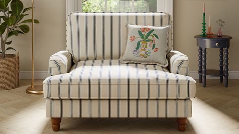 Dunelm’s sell-out Beatrice snuggle chair is back with a stylish new look – get it before it goes again! — Ideal Home Snuggle Seat, Sage Living Room, Striped Armchair, Striped Furniture, Snuggle Chair, Dining Room Sofa, Snuggle Chairs, Striped Sofa, Striped Chair