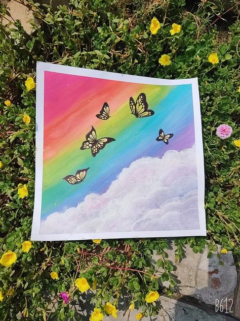 Rainbow Butterfly Painting, Rainbow Aesthetic Drawing, Aesthetic Butterfly Painting, Gouache Ideas, Rainbow Drawing, Aesthetic Rainbow, Aesthetic Butterfly, Gouache Color, Crafts Inspiration