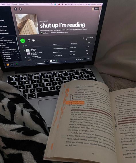 ‘shut up i’m reading’ spotify playlist on laptop with an annotated book cozy in bed with zebra blanket Album Spotify Covers, Spotify Covers Studying, Spotify Reading Playlist Cover, Bed Spotify Playlist Cover, Spotify Playlist Covers Book, Book And Spotify Aesthetic, Cozy Spotify Playlist Cover, Reading Spotify Playlist Cover, Book Playlist Cover