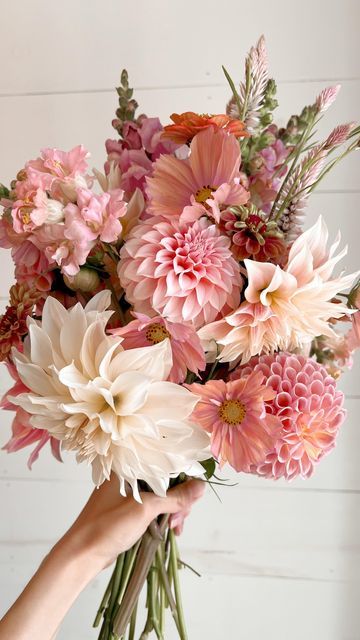 October Seasonal Flowers, Dahlias And Peonies, Eucalyptus Pink Wedding, Pastel Dahlia Bouquet, Dahlia Flower Wedding Bouquet, How To Put Together Bouquets, Peonies And Dahlia Bouquet, Dahlia Flower Wedding Bridal Bouquets, Flower Bouquet Dahlia