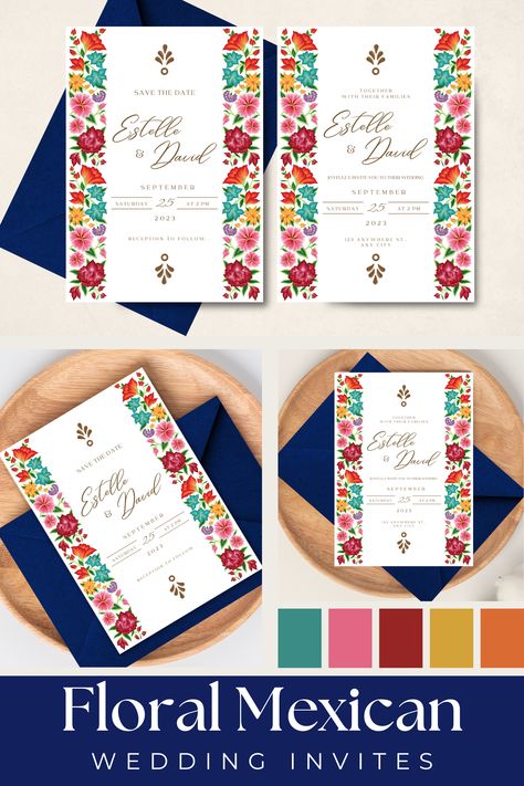 Beautiful Mexican Save the Date & Wedding Invitation Templates Set, inspired in the gorgeous floral embroidery and folklore from Oaxaca, Mexico. This unique and colorful, floral design is super elegant and trendy for your Destination Wedding in Mexico. Mexican Wedding Invitations. Oaxaca, Mexico, Mexican Wedding Color Palette, Mexican Theme Wedding Invitations, Spanish Themed Weddings, Mexican Wedding Invitations, Mexican Theme Wedding, Save The Date Invite, Fiesta Wedding