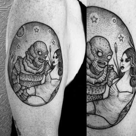 Creature Black Lagoon Tattoo, Creature From The Black Lagoon Tattoo, Black Lagoon Tattoo, Universal Monsters Tattoo, Lagoon Tattoo, Horror Tattoo Ideas, Creature Tattoo, Icon Tattoo, Monster Tattoo