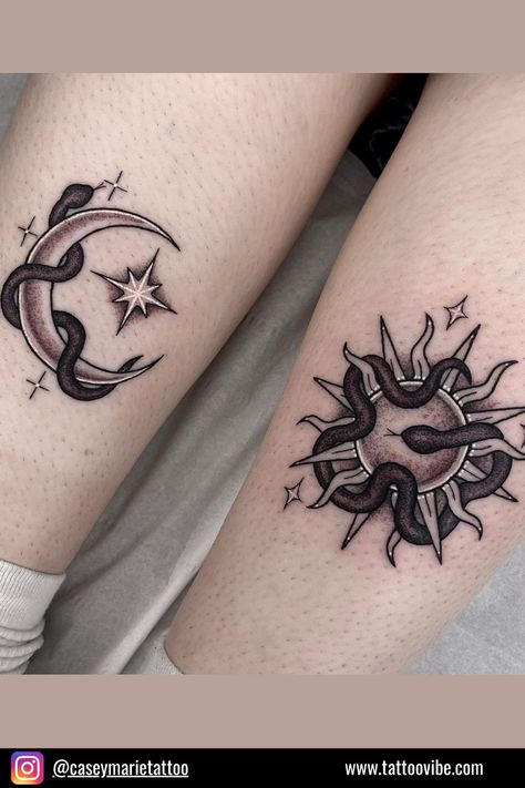 Matching tattoos are a wonderful way to commemorate a friendship or romantic relationship. In the photo above, there’s a combination of the moon and stars tattoos that have snakes coming around them. The contrast between the light moon and star, combined with the dark snake, really is gorgeous artwork to add to your body. Witchy Sun Tattoo, Sun Snake Tattoo, Matching Witchy Tattoos, Inbetween Breast Tattoo, Simple Couples Tattoos, Sun And Moon Tattoos, Witchy Tattoos, Tattoo Sonne, Matching Ideas