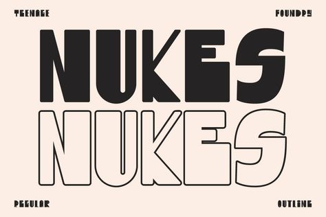 View License Details Introducing TF Nukes by Teenage Foundry – the boldest display style font that will capture the attention of your audience and make your message stand out! This bold, strong font is perfect for headlines, titles, and any other text that needs to make a statement. Nukes comes with a bonus of 9 illustrations that will take your designs to the next level. This illustration fits perfectly into the font and will give your project a cohesive and professional look. A bold and striki Chunky Font, Font Love, Strong Font, Latest Fonts, Scottish Gaelic, Bold Fonts, Your Message, Retro Font, Display Font